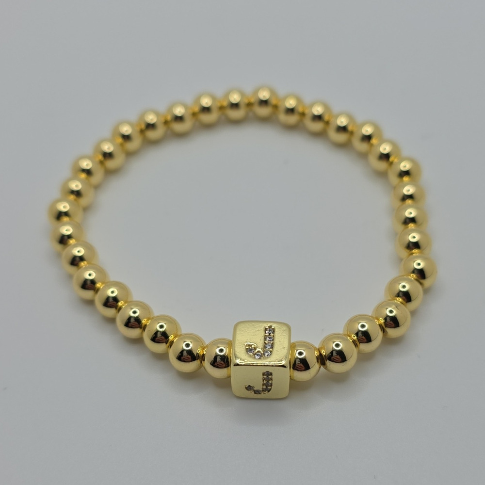ADORNIA Gold Tone Beaded Ball Stretch Bracelet Initial J Bead White Crystal